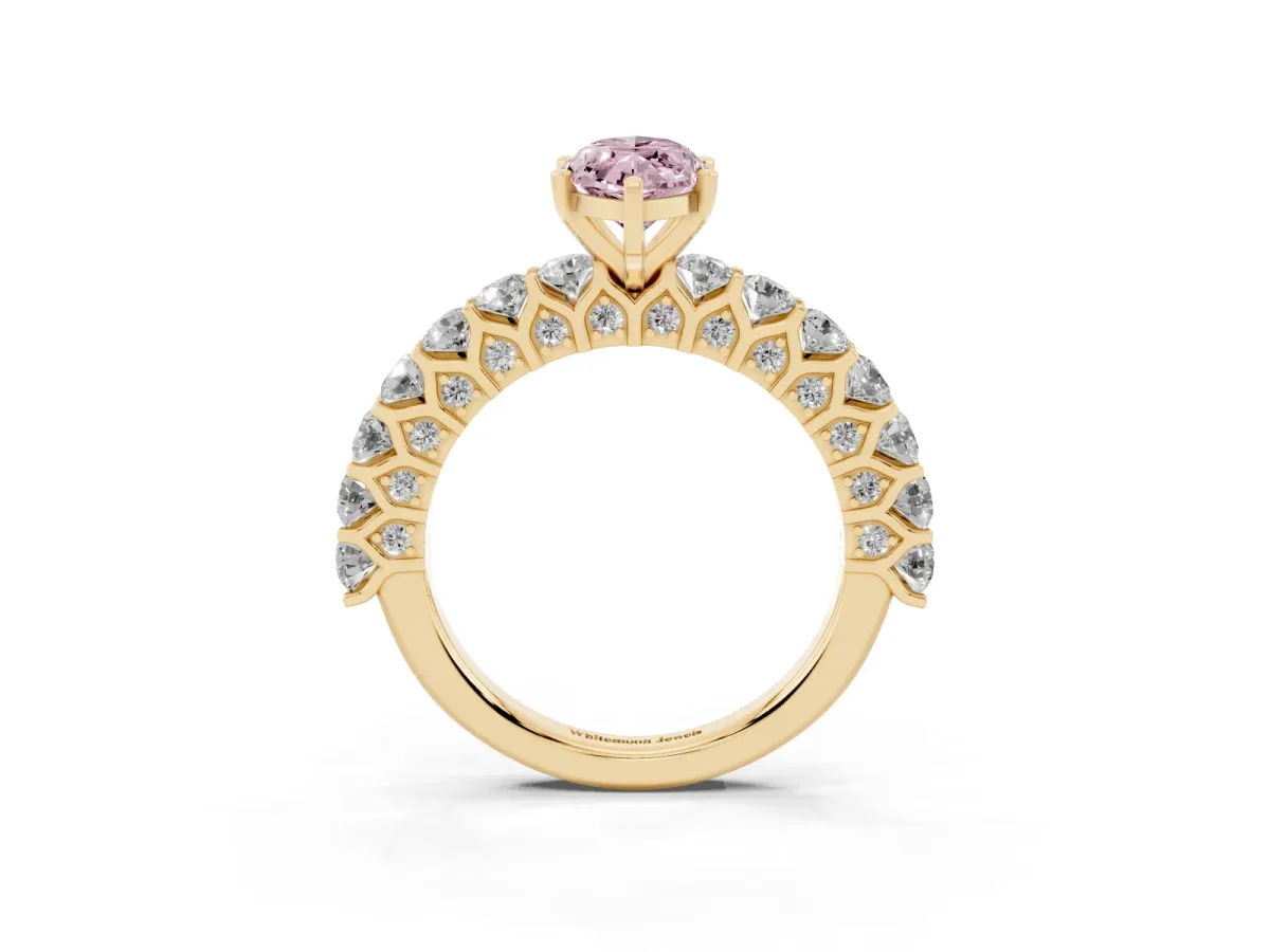Fancy Pink Marquise Cut Diamond Solitaire Ring with Shared Prong Pavé Band and Four-Prong Setting Yellow gold