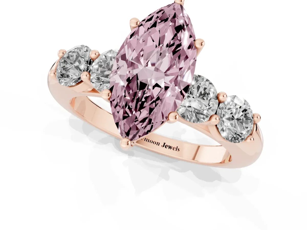 Fancy Pink Marquise Cut Cut Five-Stone Prong Set Diamond Ring with Classic Band Rose gold