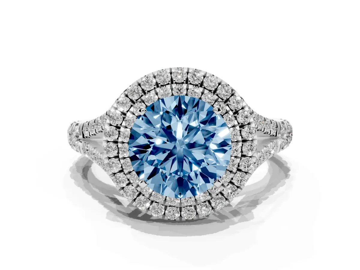Fancy Blue Round Cut Cut Double Halo Split Shank Diamond Ring with Prong Setting Silver