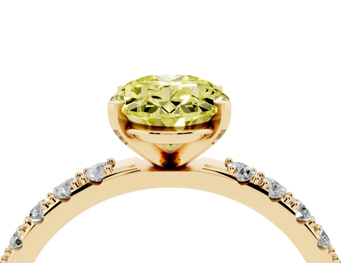 Fancy Yellow Oval Cut Diamond Solitaire Pavé Band with Four-Prong Setting Yellow gold