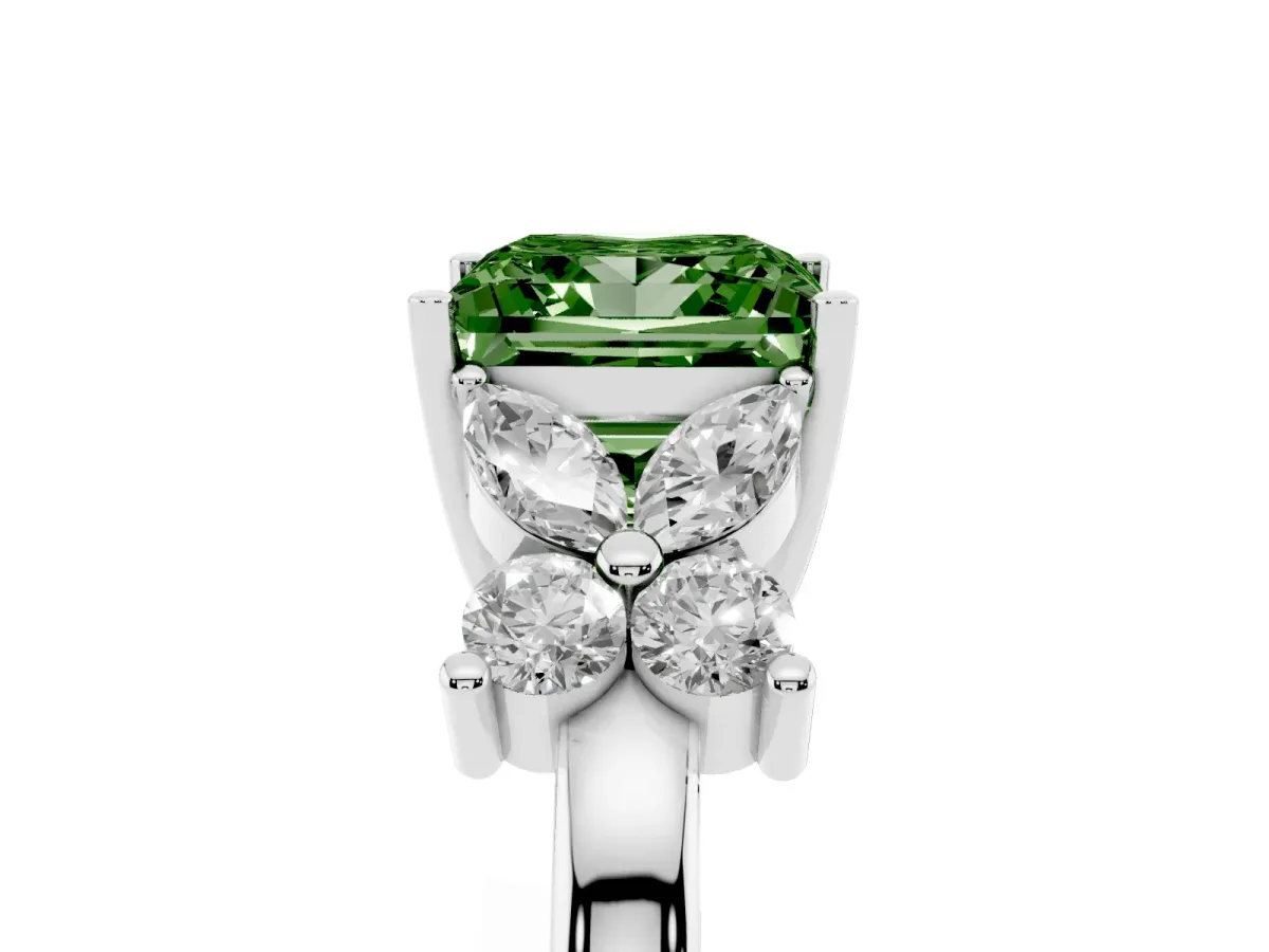 Fancy Green Princess Cut Diamond Floral Cluster Ring with Solitaire Band and Prong Setting Silver
