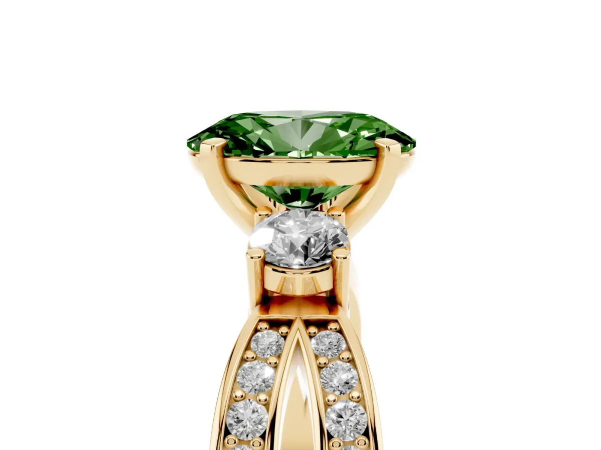 Fancy Green Three-Stone Oval Cut Cut Diamond Twist Band with Prong Setting Yellow gold