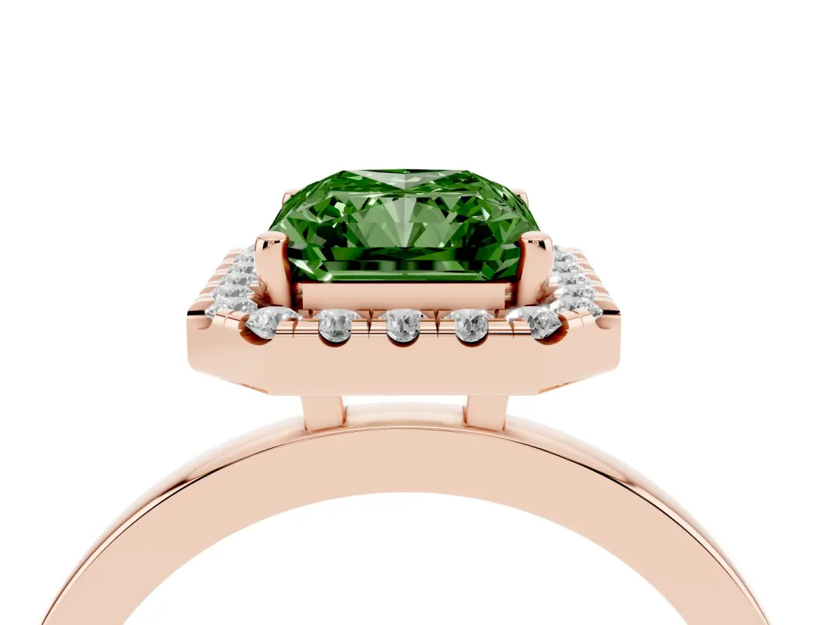 Fancy Green Radiant Cut Halo Diamond Solitaire with Pavé Band and Four-Prong Setting Rose gold