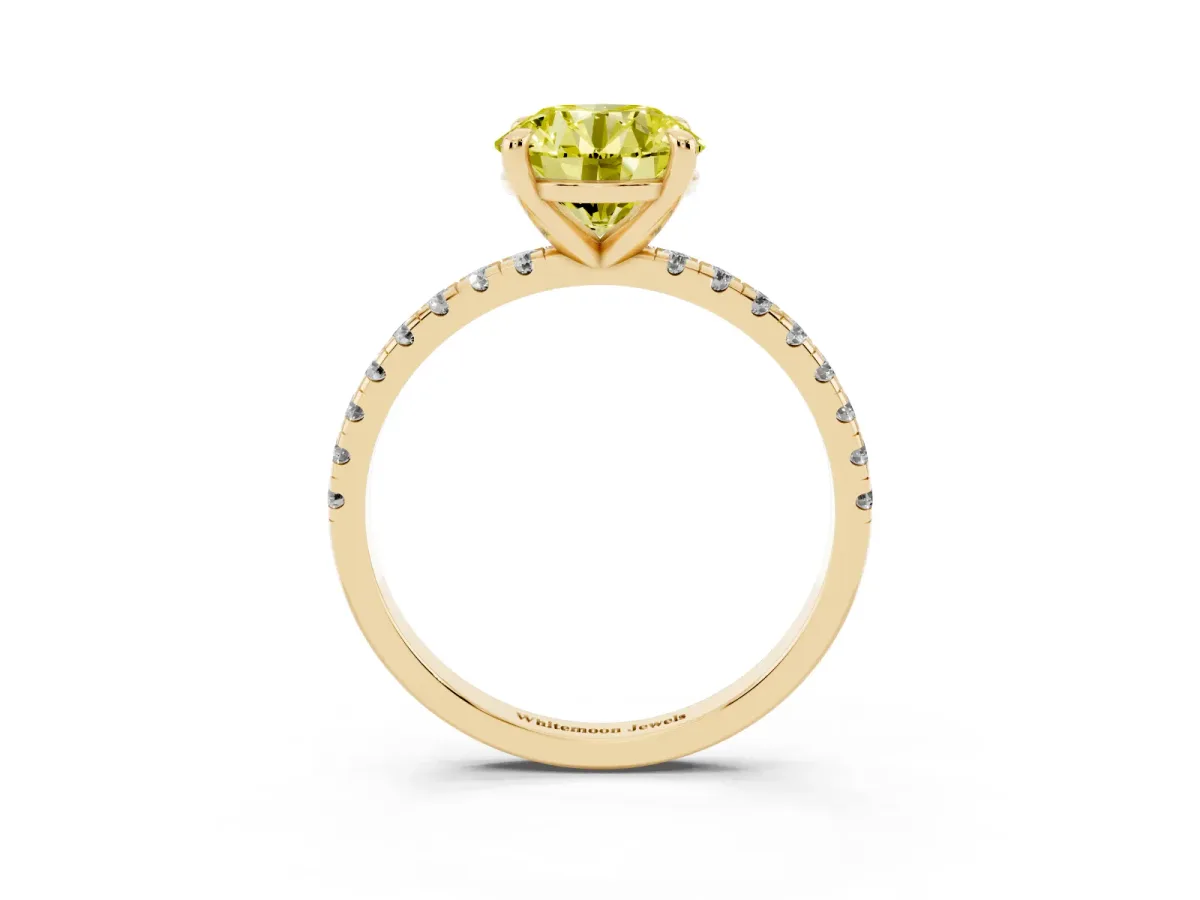 Fancy Yellow Round Cut Diamond Brilliant Solitaire Ring with Pavé Band and Four-Prong Setting Yellow gold