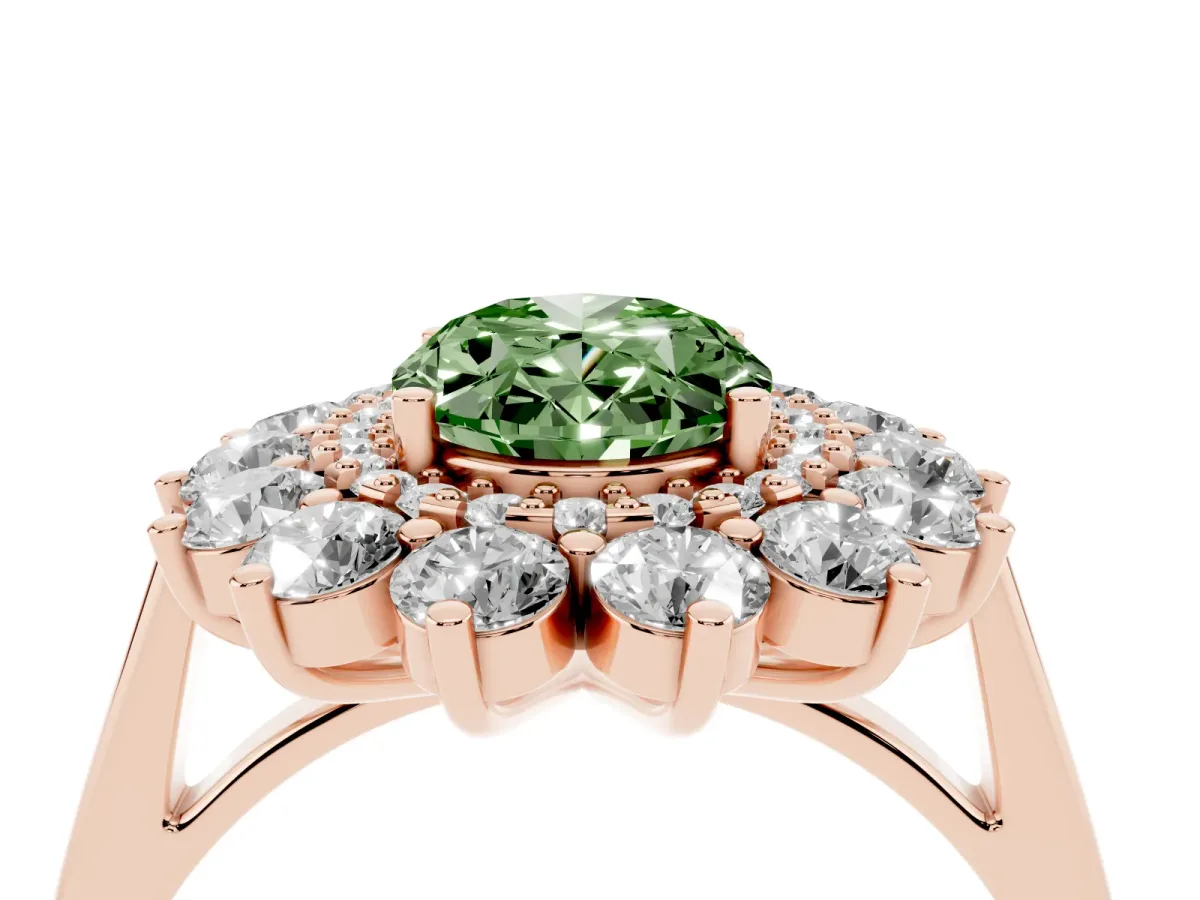 Fancy Green Oval Cut Diamond Floral Double Halo Engagement Ring with Prong Setting Rose gold