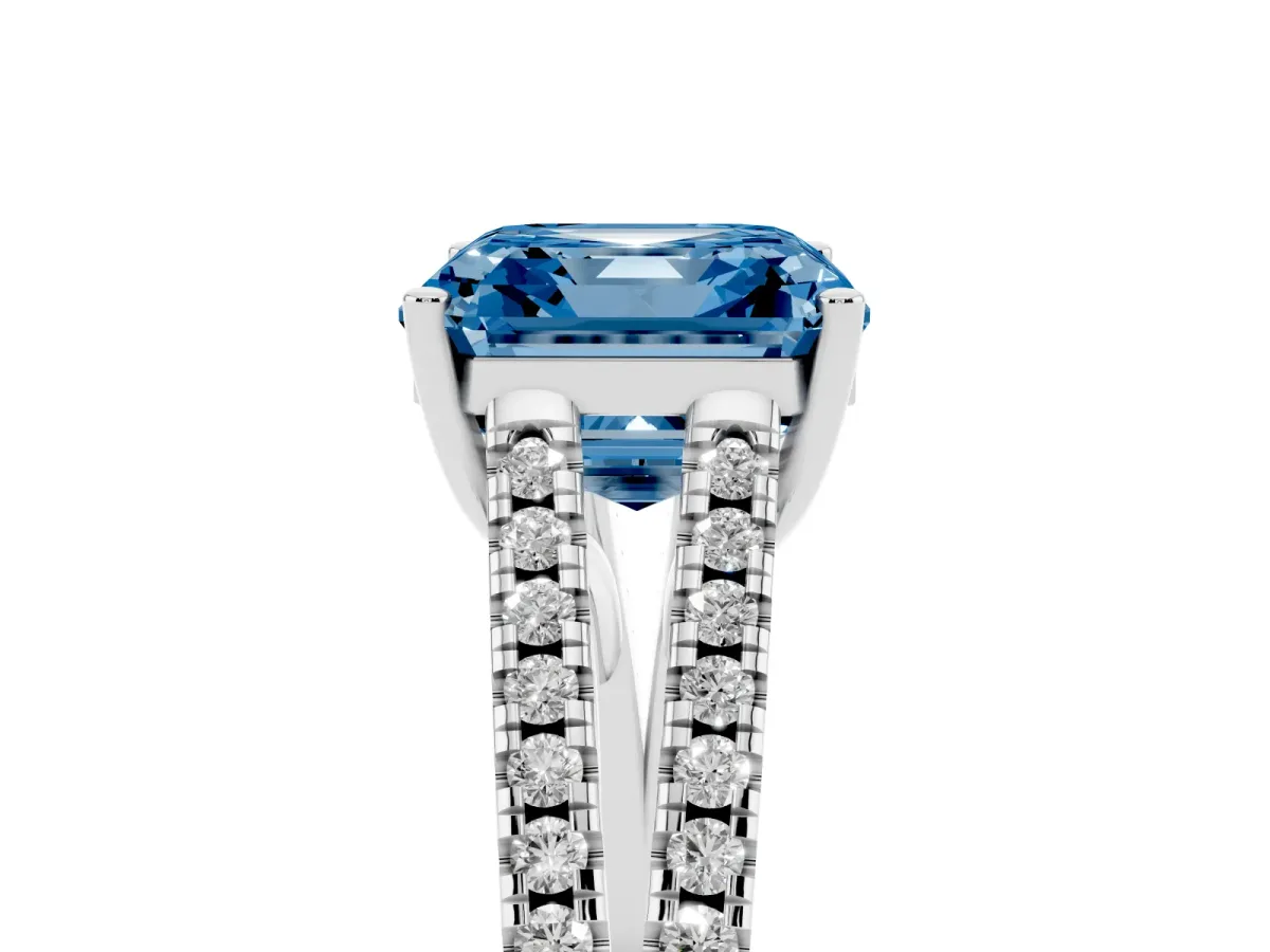 Fancy Blue Asscher Cut Diamond Solitaire Engagement Ring with Split Shank Pavé Band Platinum