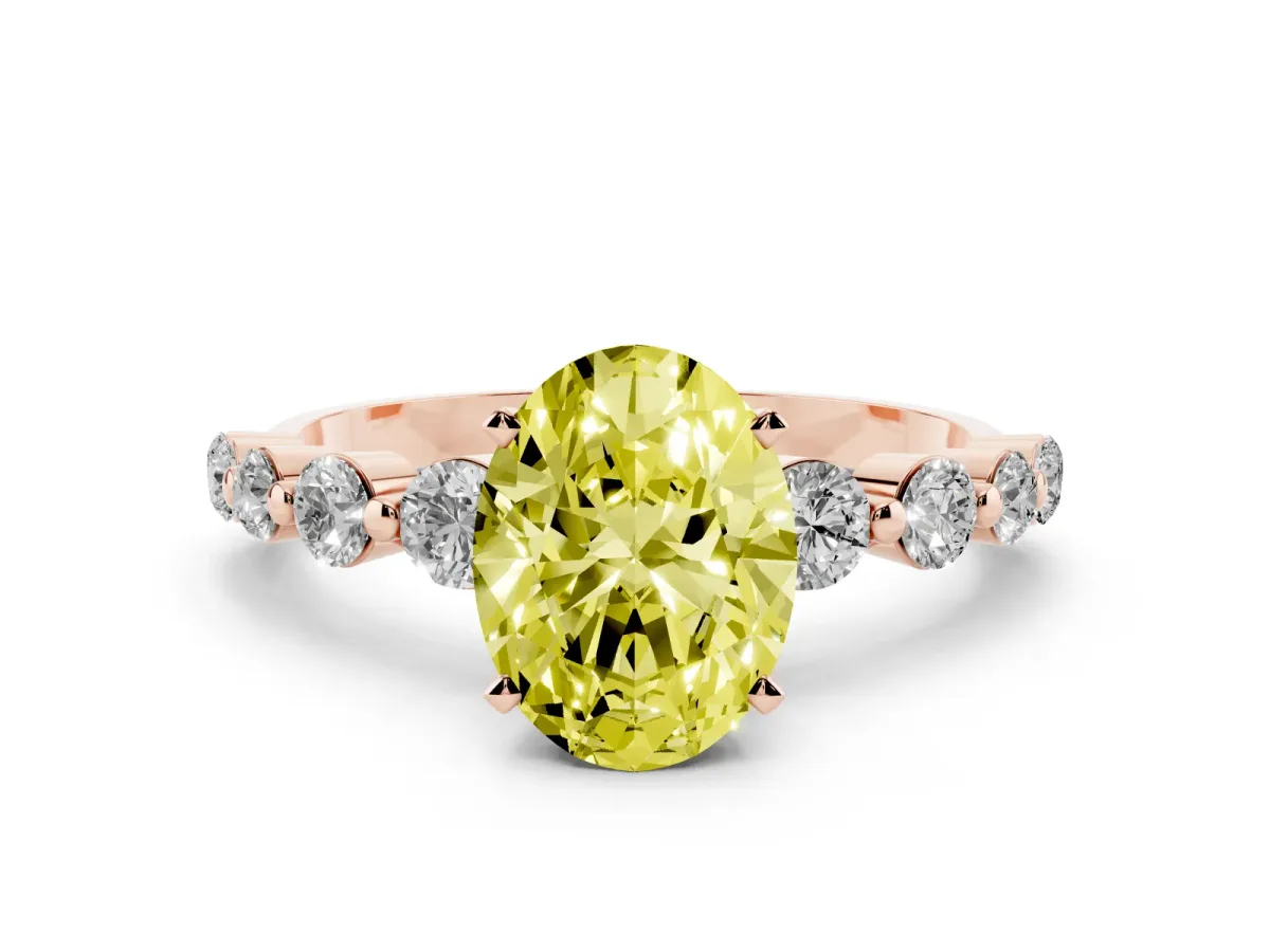 Fancy Yellow Oval Cut Solitaire Diamond Ring with Pave Band and Four-Prong Setting Rose gold