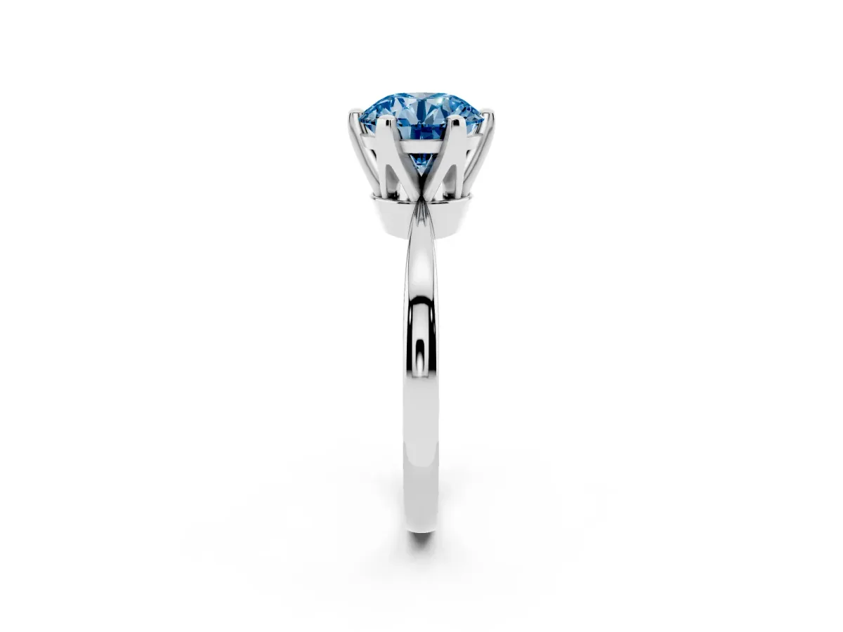 Fancy Blue Round Cut Solitaire Engagement Ring with Six-Prong Setting and Tapered Band White gold