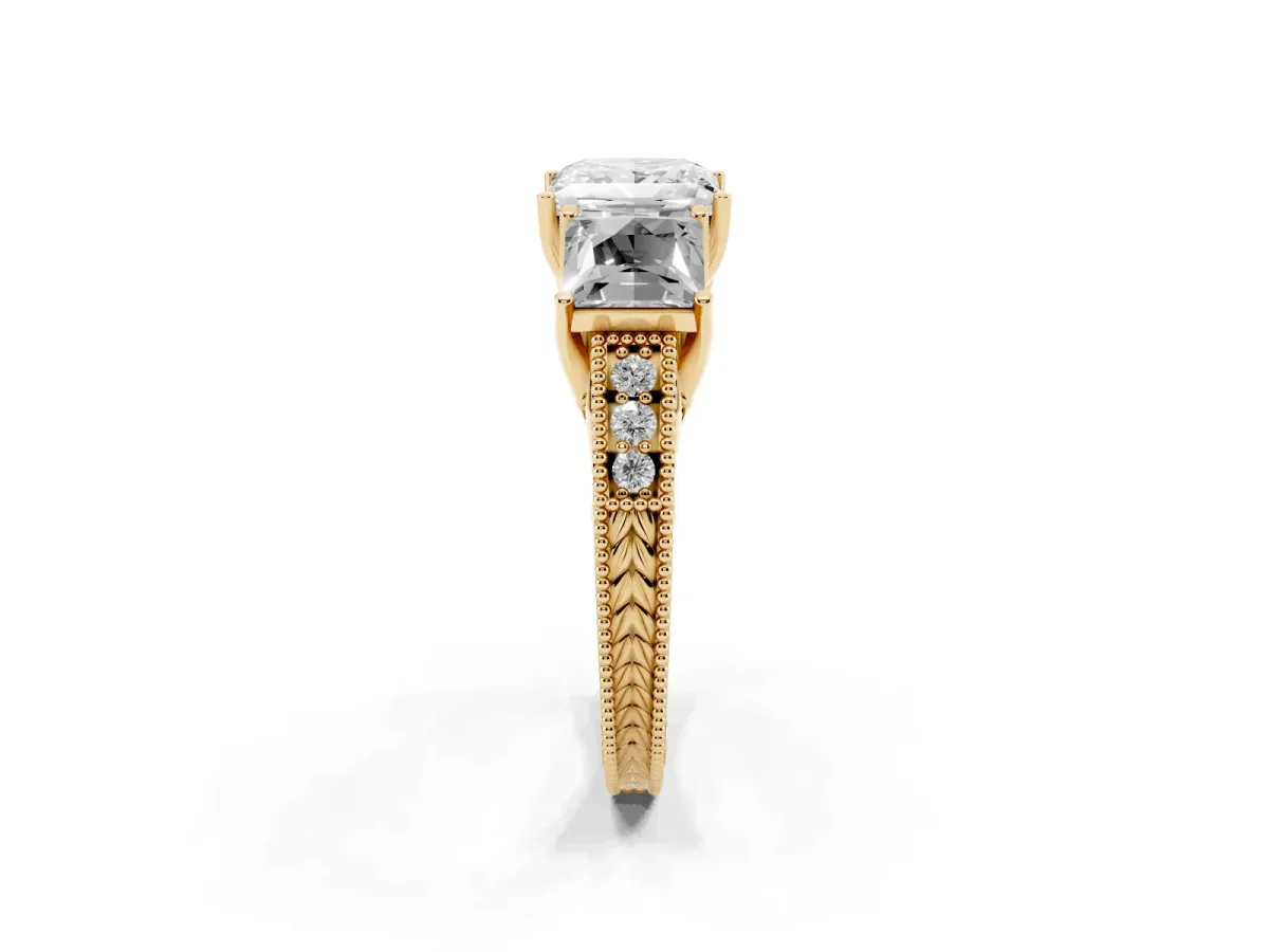 Three-Stone Princess Cut Cut Milgrain Pavé Engagement Ring Yellow gold