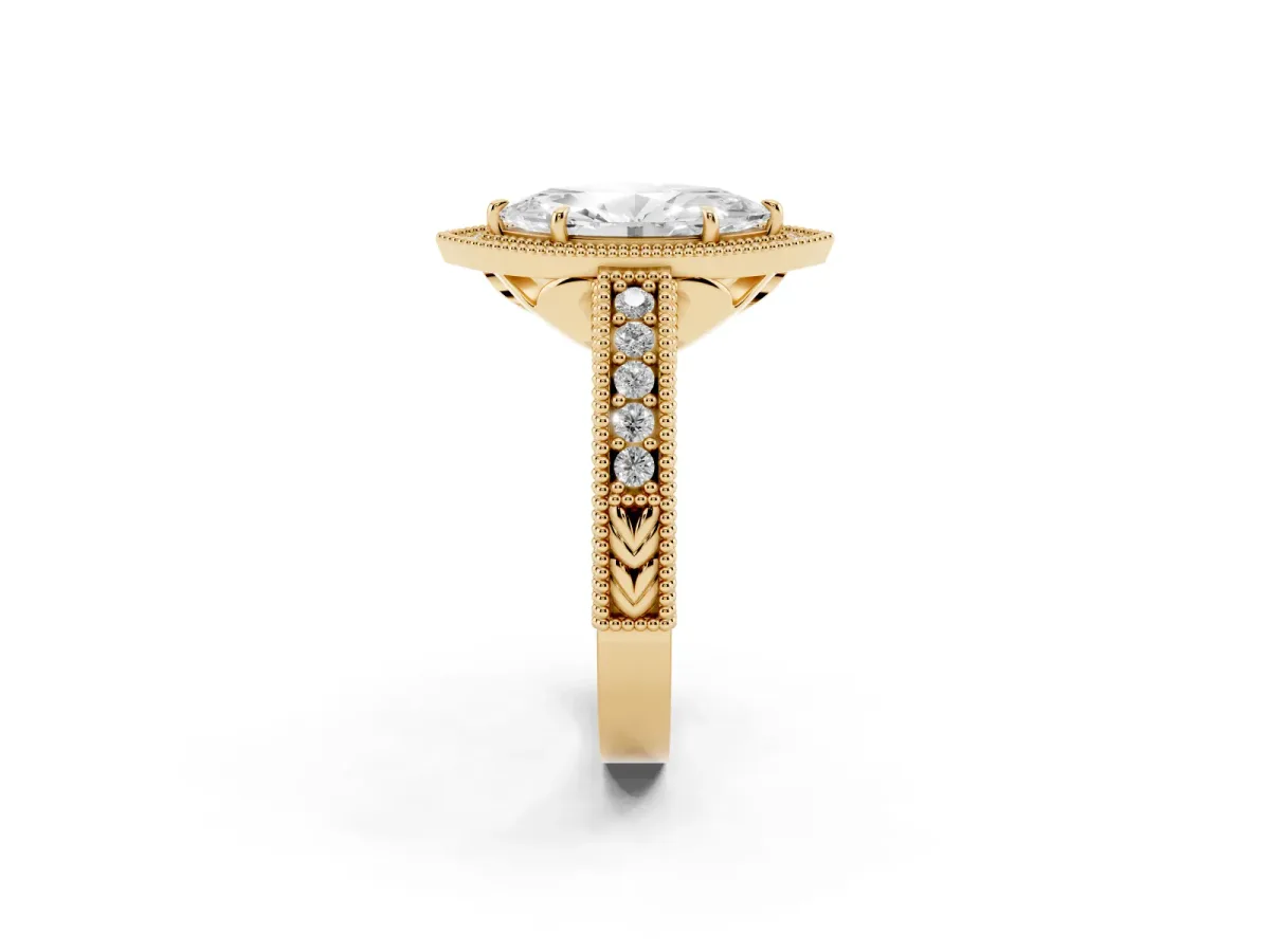 Marquise Cut Cut Halo Diamond Ring with Pavé Band and Four-Prong Setting Yellow gold