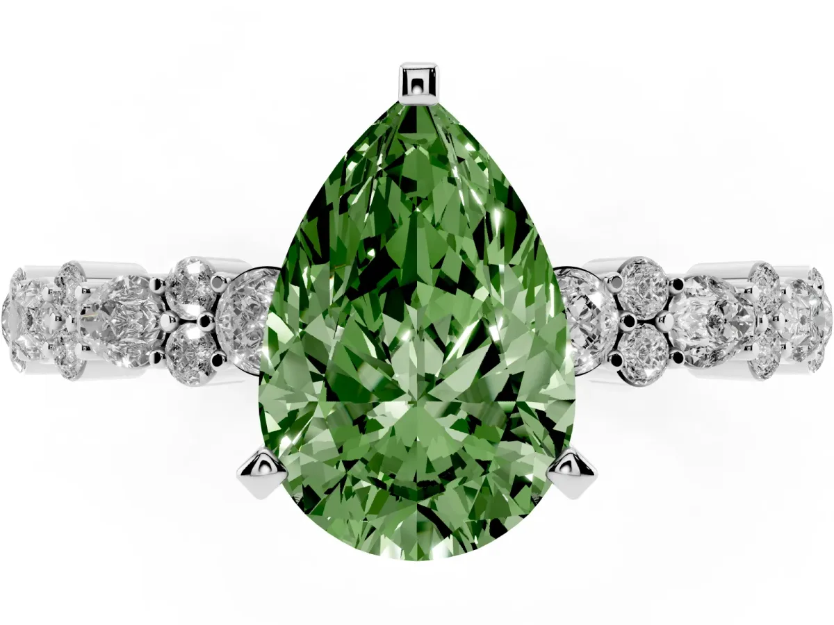 Fancy Green Pear Cut Diamond Side Stone Solitaire Ring with Round and Four-Prong Setting Silver