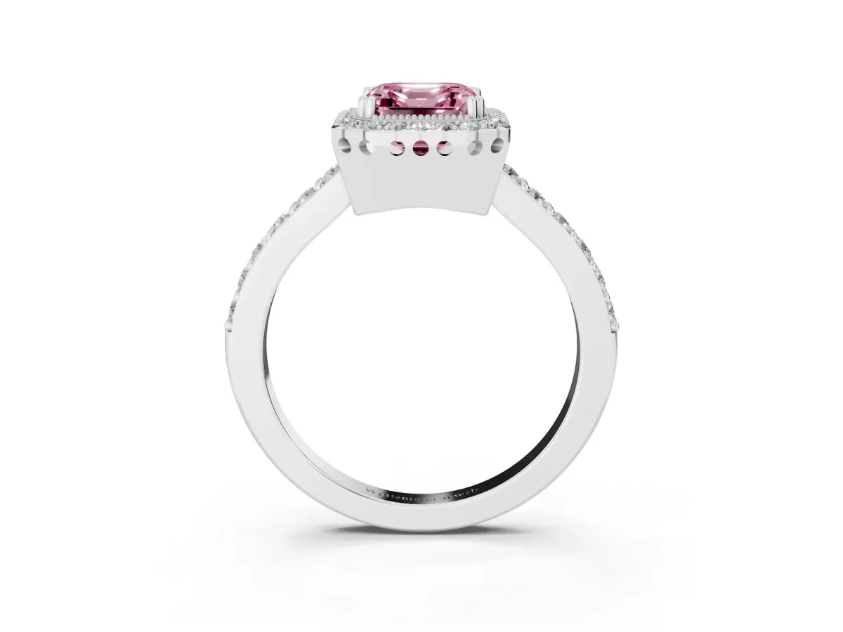 Fancy Pink Asscher Cut Cut Diamond Halo Engagement Ring with Milgrain Detail and Pavé Band White gold