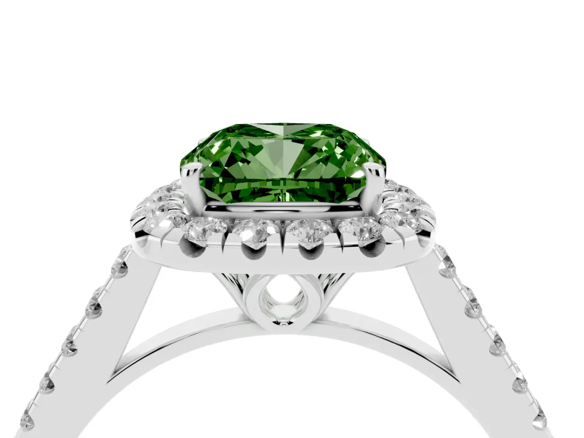 Fancy Green Cushion Cut Halo Pavé Diamond Engagement Ring with Four-Prong Setting White gold