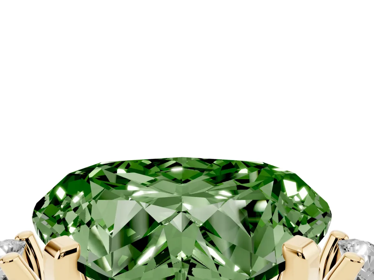 Fancy Green Heart Cut Cut Three-Stone Solitaire Ring with Round Accent Diamonds and Four-Prong Setting Yellow gold