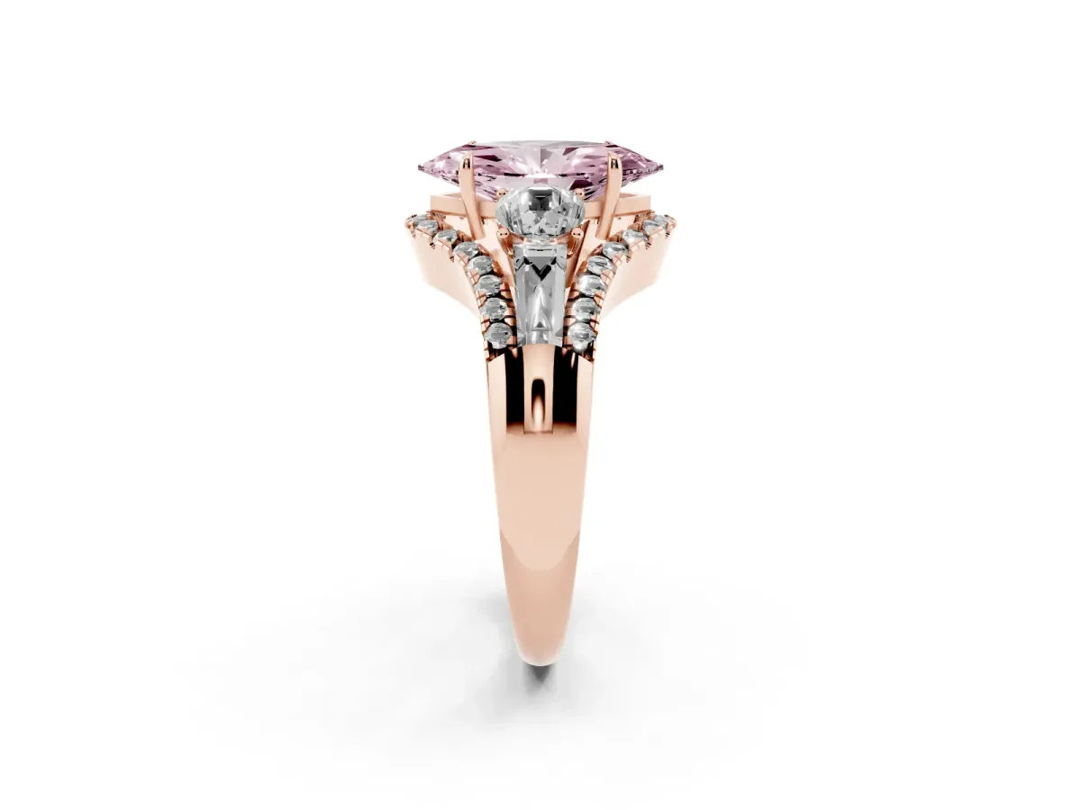 Fancy Pink Three-Stone Marquise Cut Diamond Engagement Ring with Pave Band and Prong Setting Rose gold