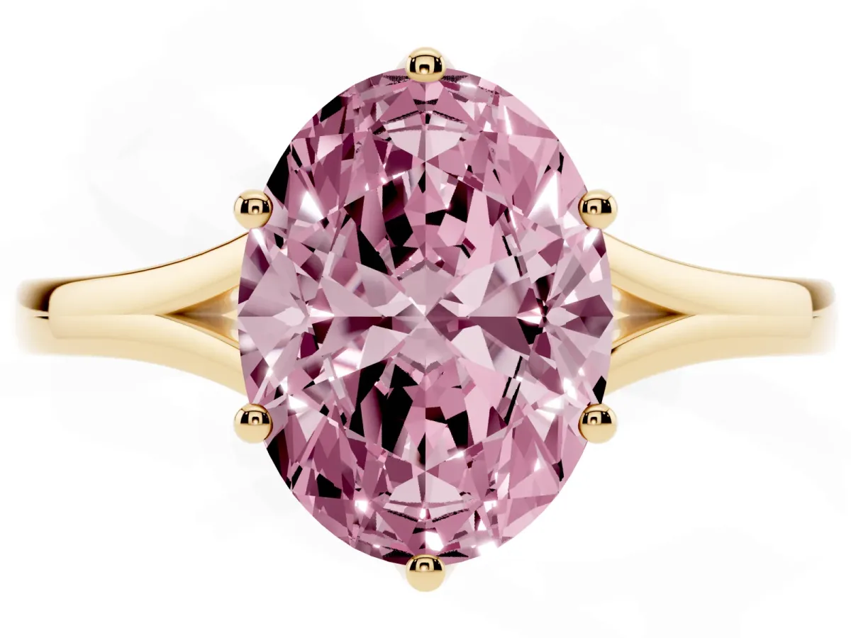 Fancy Pink Oval Cut Solitaire Diamond Ring with Six-Prong Setting and Tapered Band Yellow gold