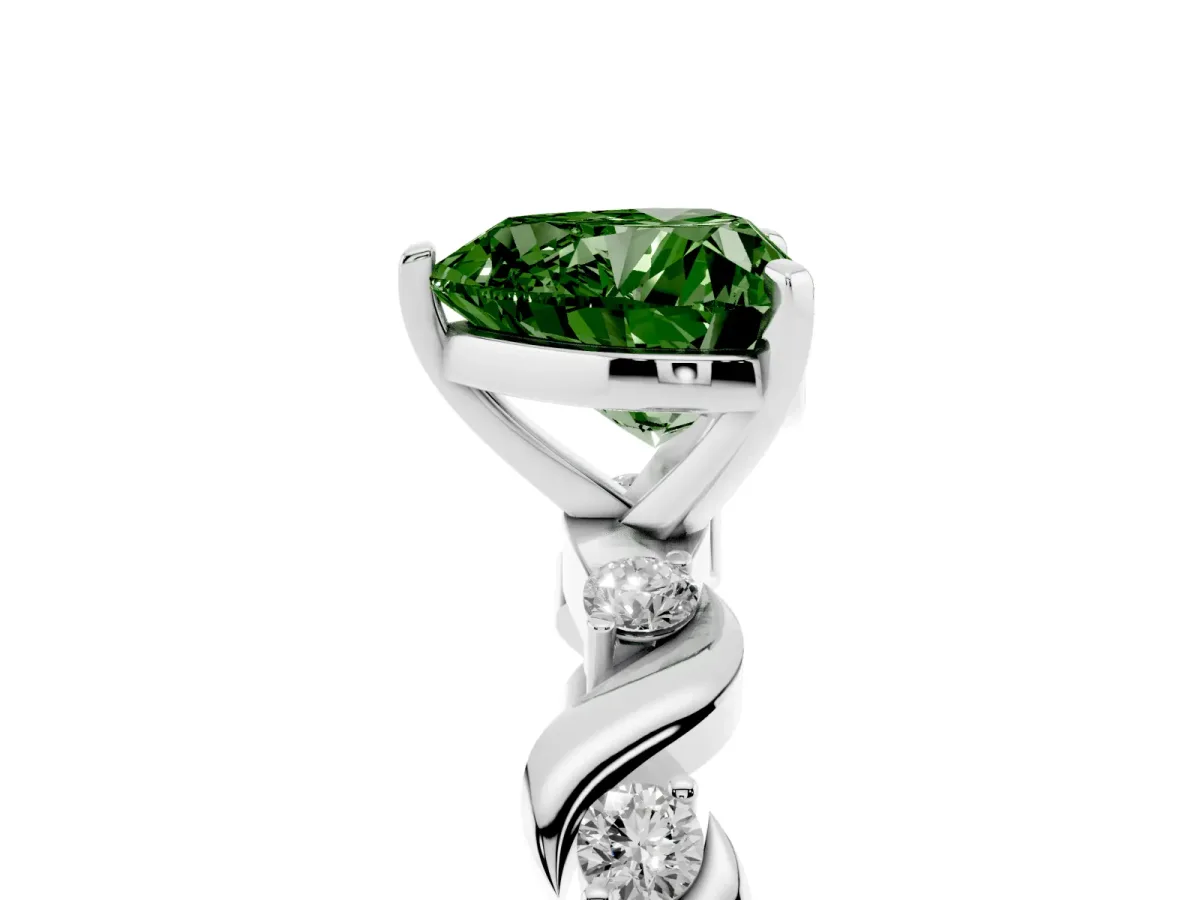 Fancy Green Heart Cut Diamond Solitaire Twisted Band with Round Accents and Prong Setting Platinum