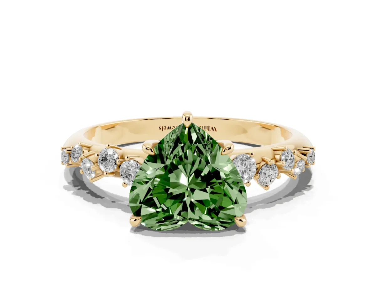 Fancy Green Heart Cut Diamond Cluster Side Stone Solitaire Ring with Prong Setting Yellow gold