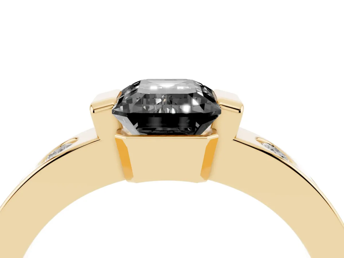 Fancy Black Emerald Cut Brilliant Channel-Set Diamond Ring with Bezel Prong Setting Yellow gold