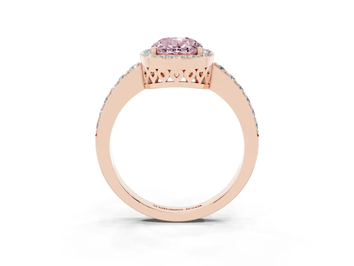 Fancy Pink Oval Cut Halo Diamond Pavé Band Ring with Prong Setting Rose gold