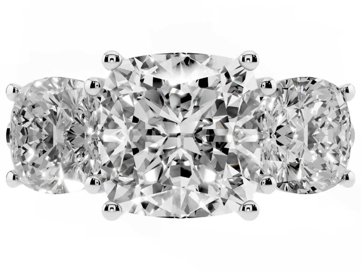 Three-Stone Cushion Cut Diamond Ring with Round Pavé Band and Prong Setting Silver
