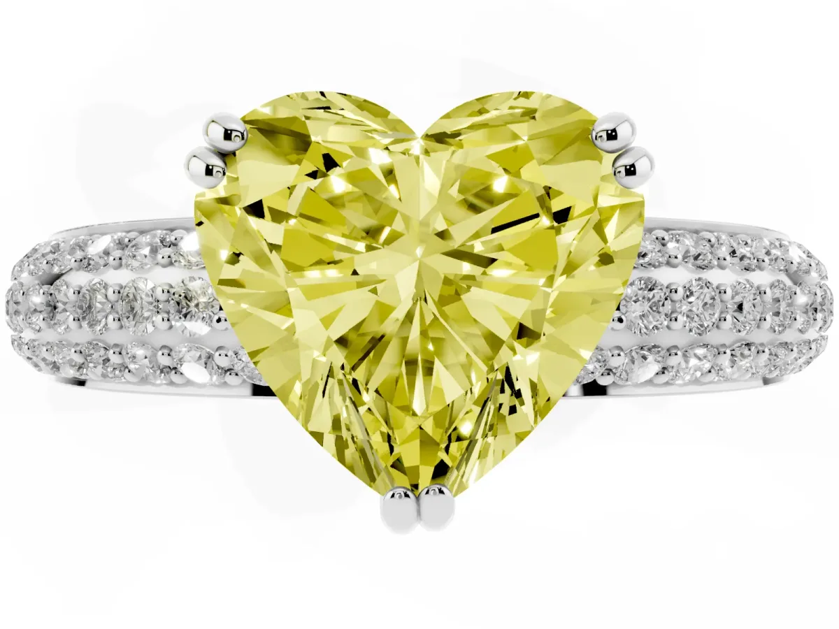 Fancy Yellow Heart Cut Diamond Solitaire Ring with Multi-Row Round Pavé Band and Prong Setting White gold