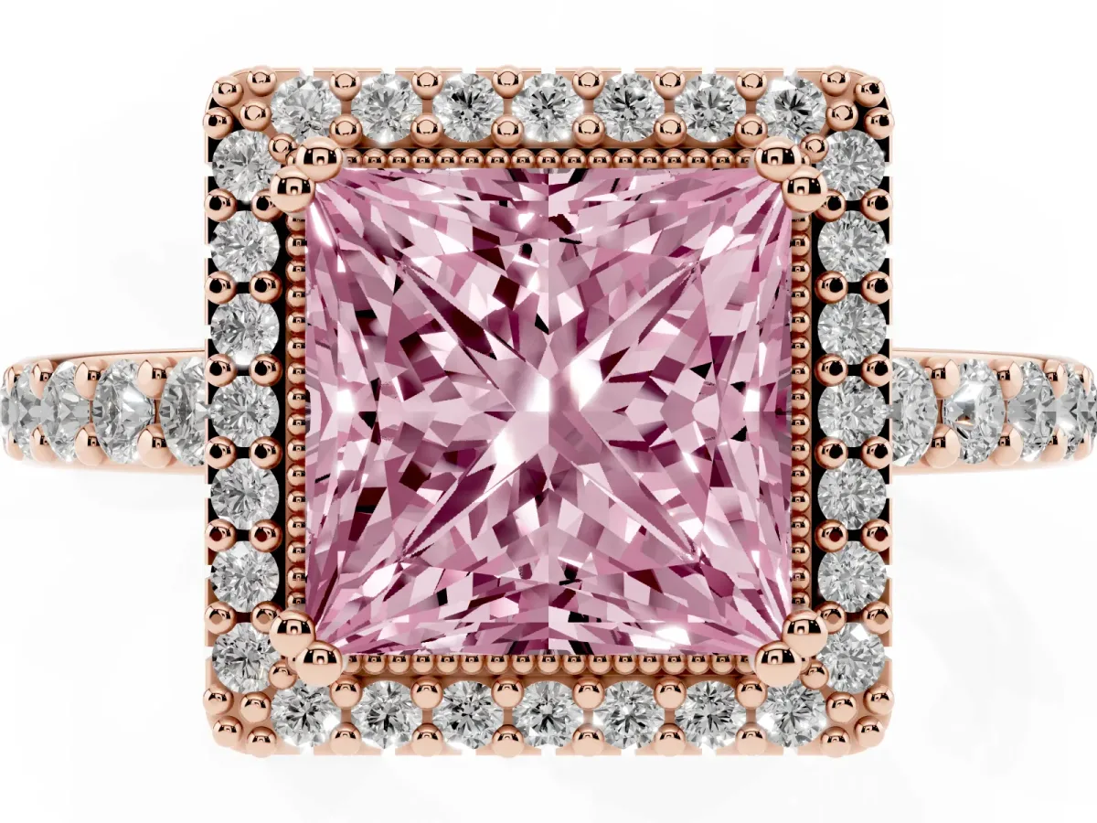 Fancy Pink Princess Cut Cut Diamond Halo Engagement Ring with Milgrain Detail and Pavé Band Rose gold