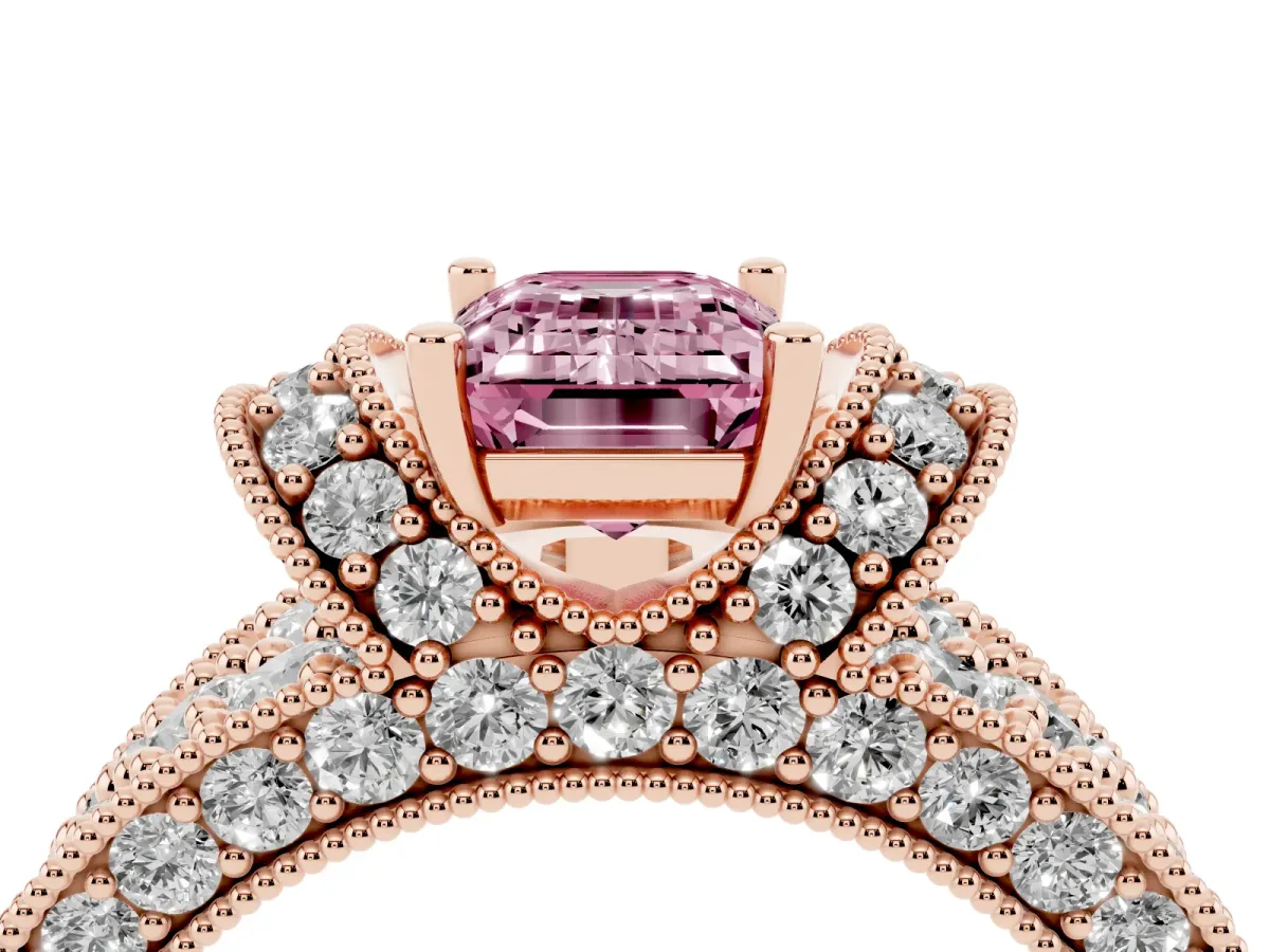 Fancy Pink Emerald Cut Halo Pave Diamond Engagement Ring with Milgrain Detailing Rose gold