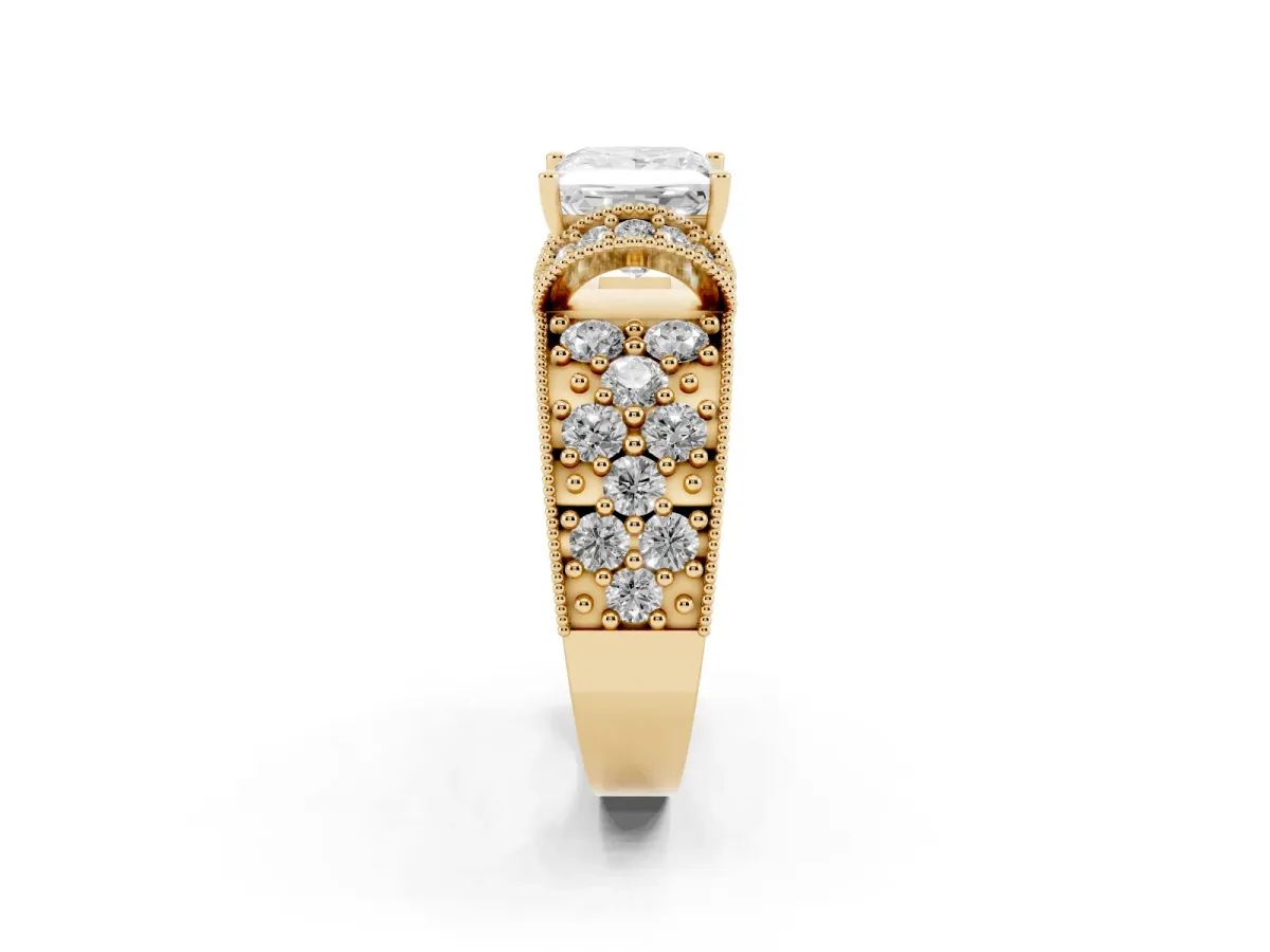 Princess Cut Halo Pave Diamond Engagement Ring with Milgrain Detailing Yellow gold