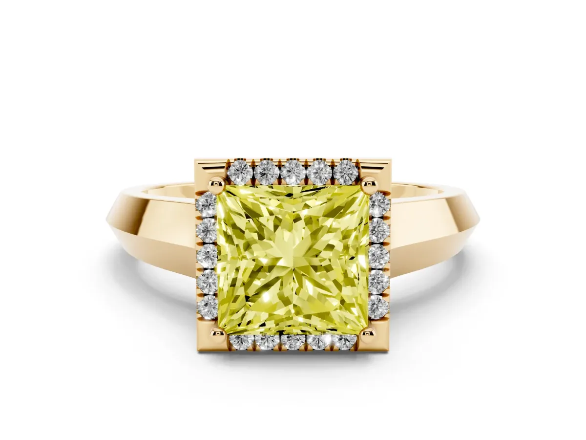 Fancy Yellow Princess Cut Halo Diamond Ring with Cathedral Band and Four-Prong Setting Yellow gold