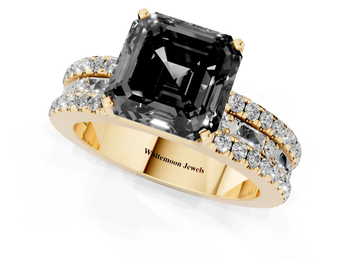 Fancy Black Asscher Cut Diamond Solitaire Ring with Pavé and Channel Set Band Yellow gold