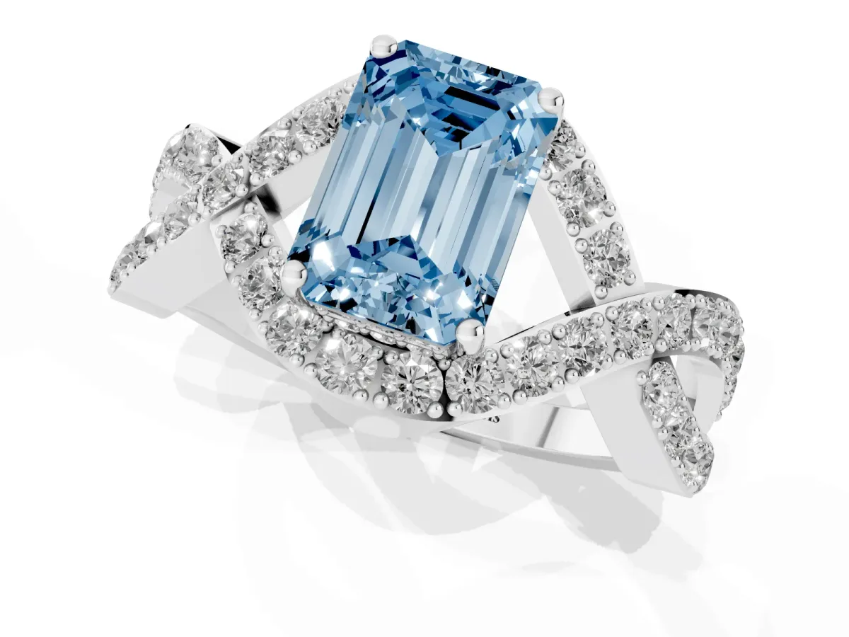 Fancy Blue Emerald Cut Solitaire Twist Band Pavé Diamond Engagement Ring Silver