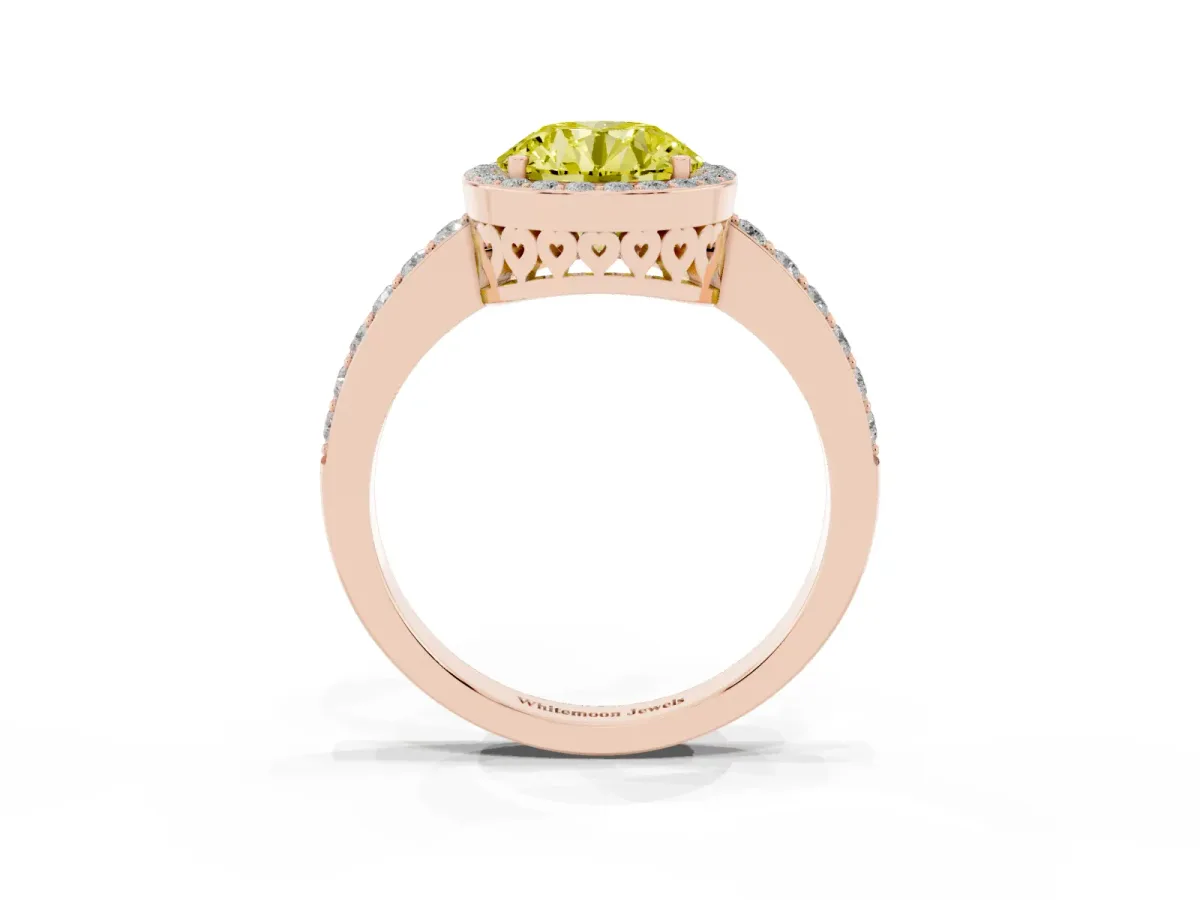 Fancy Yellow Round Cut Halo Diamond Pavé Band Ring with Prong Setting Rose gold