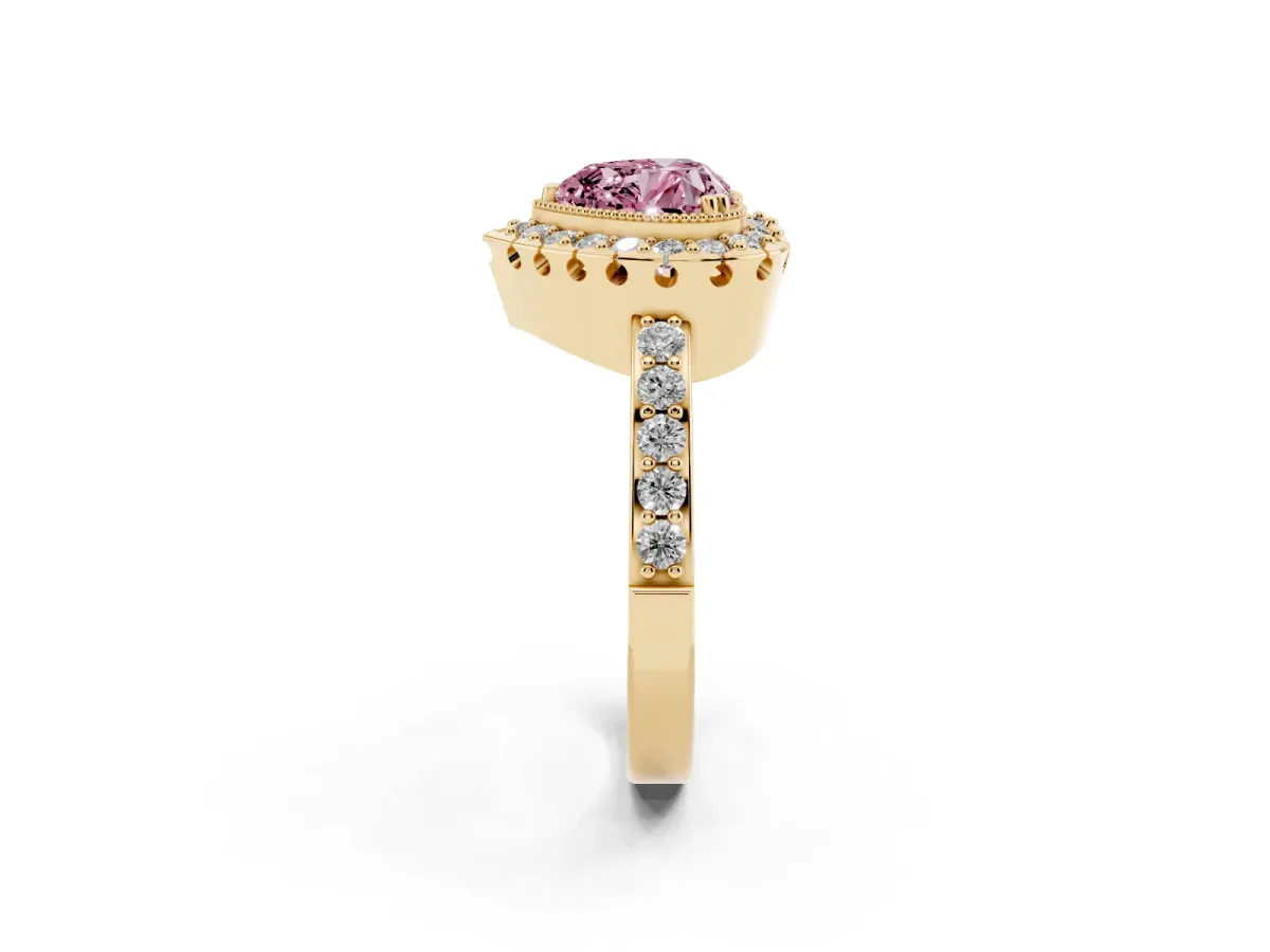 Fancy Pink Heart Cut Diamond Halo Ring with Pavé Band and Prong Setting Yellow gold