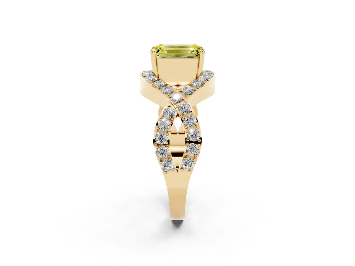 Fancy Yellow Emerald Cut Solitaire Twist Band Pavé Diamond Engagement Ring Yellow gold
