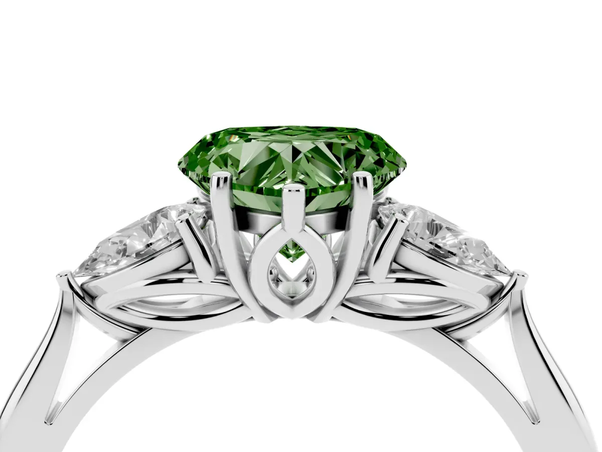 Fancy Green Three-Stone Heart Cut Diamond Ring with Pear Side Stones in Four-Prong Setting Platinum