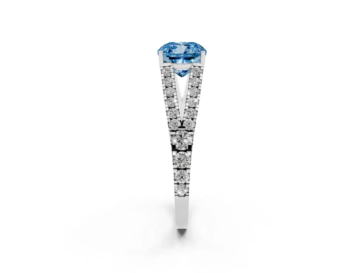Fancy Blue Cushion Cut Diamond Split Shank Pavé Engagement Ring with Four-Prong Setting Platinum