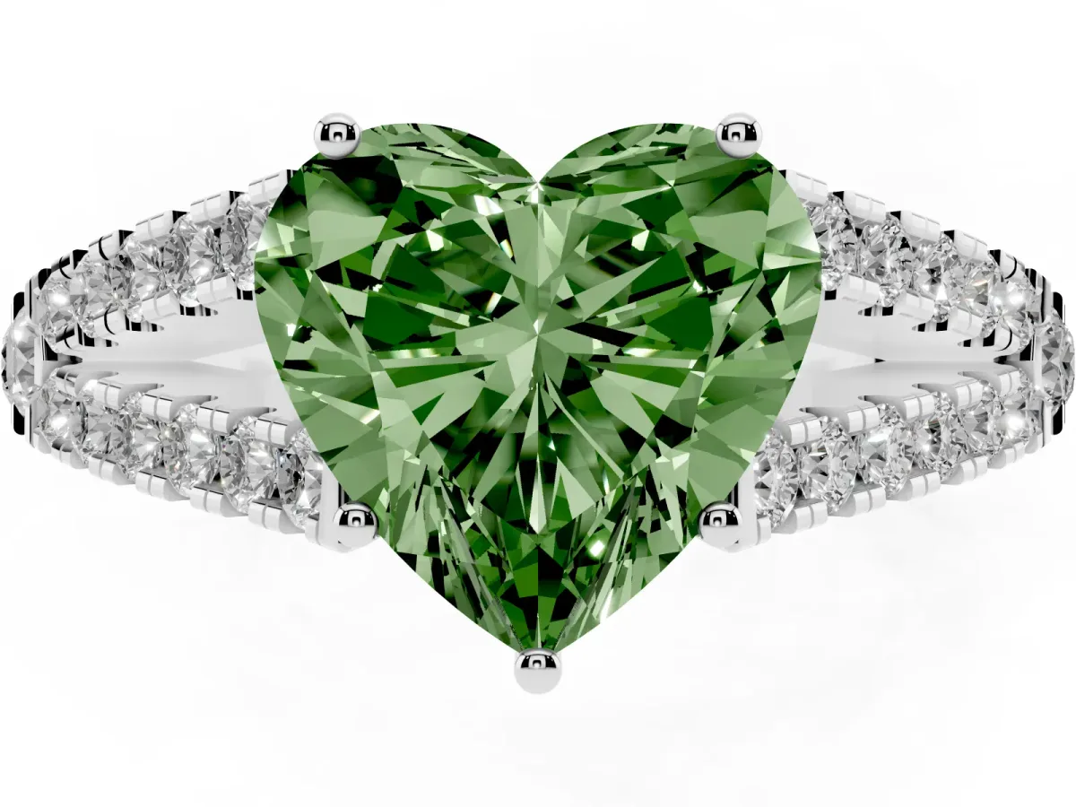 Fancy Green Heart Cut Diamond Split Shank Pavé Engagement Ring with Four-Prong Setting Platinum