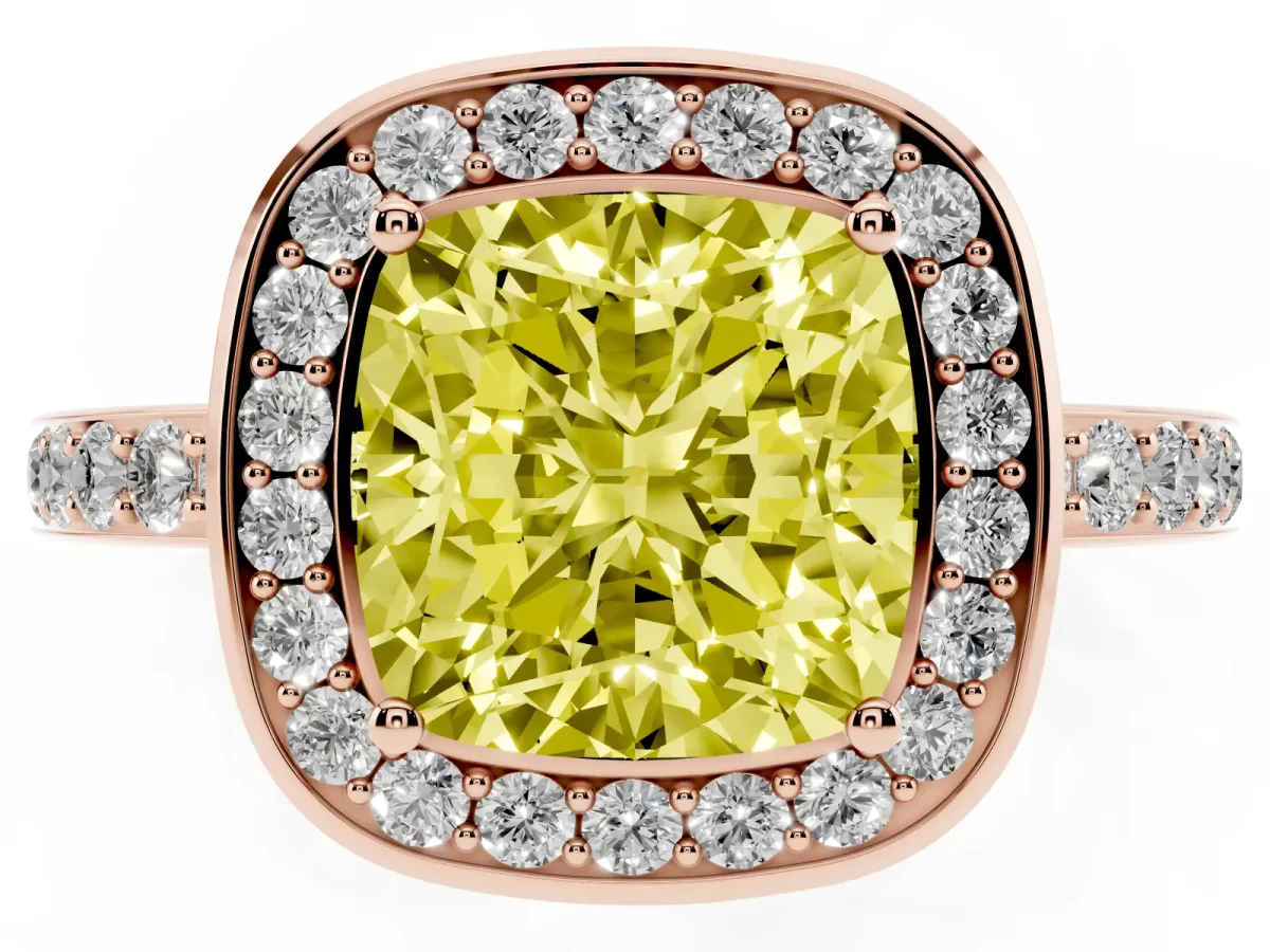 Fancy Yellow Cushion Cut Diamond Halo Ring with Bezel Frame and Pavé Band Rose gold