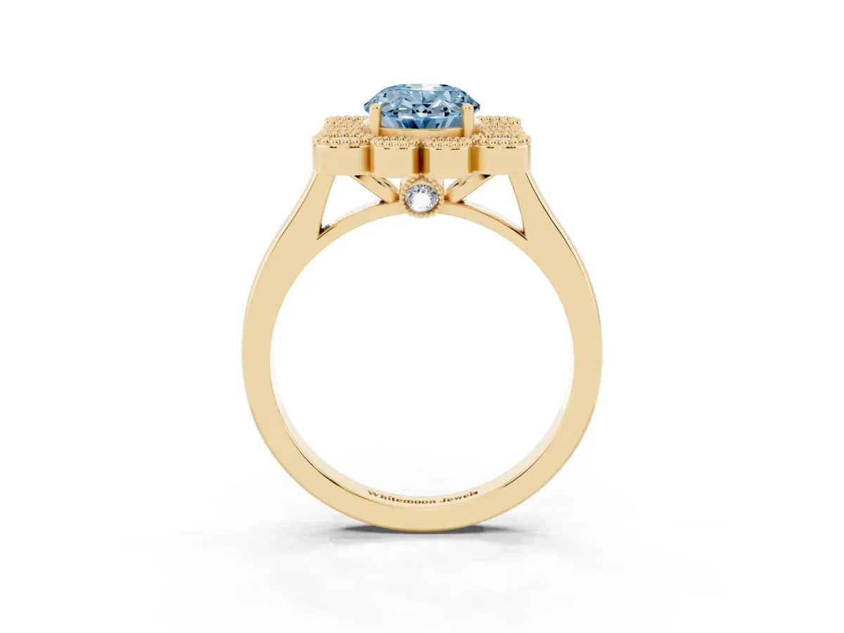 Fancy Blue Oval Cut Halo Diamond Cluster Engagement Ring with Milgrain Bezel Setting and Solitaire Band Yellow gold