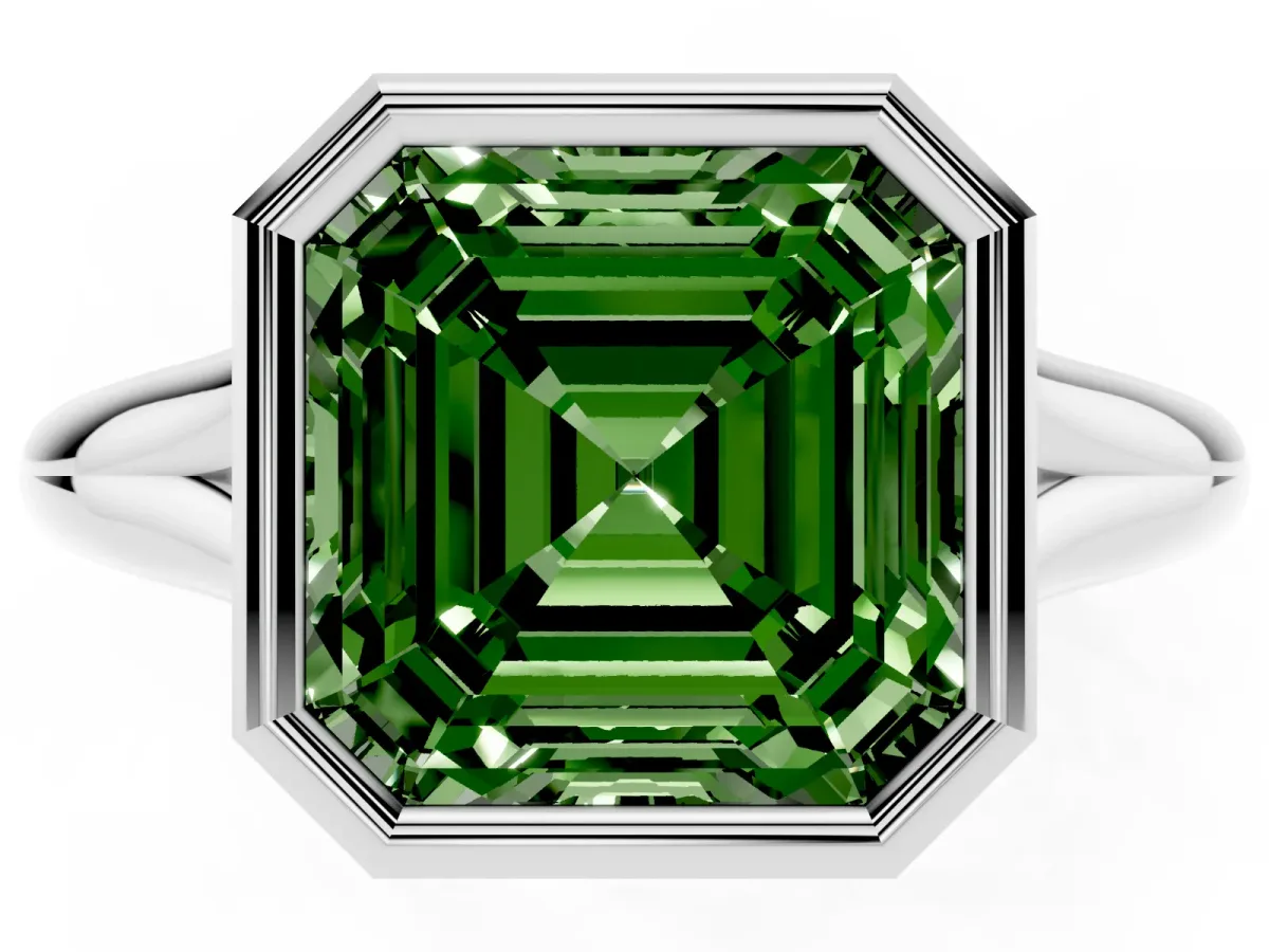 Fancy Green Bezel Set Asscher Cut Solitaire Diamond Ring with Smooth Band Platinum
