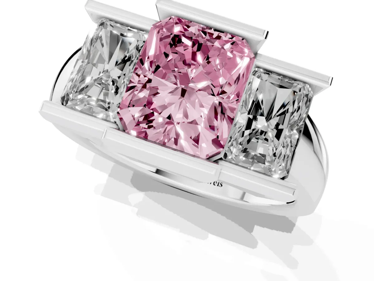 Fancy Pink Three Stone Radiant Cut Cut Channel Set Diamond Ring Platinum