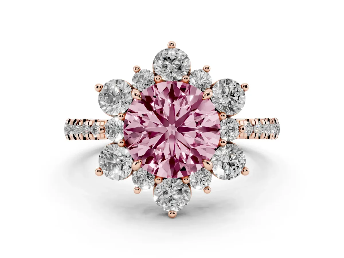 Fancy Pink Round Cut Diamond Floral Halo Ring with Round Pavé Band and Prong Setting Rose gold