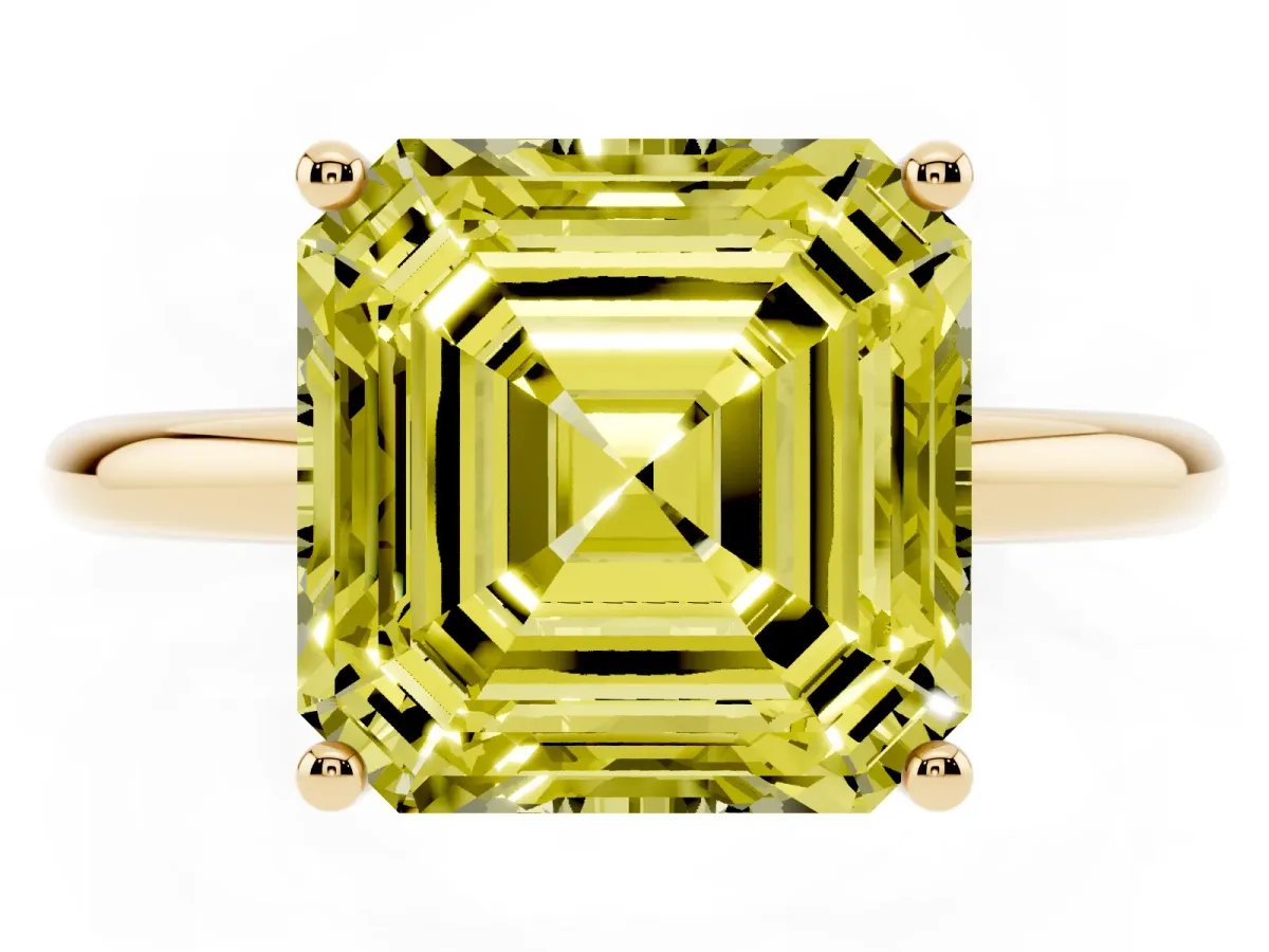 Fancy Yellow Asscher Cut Cut Solitaire Engagement Ring with Four-Prong Setting and Classic Band Yellow gold