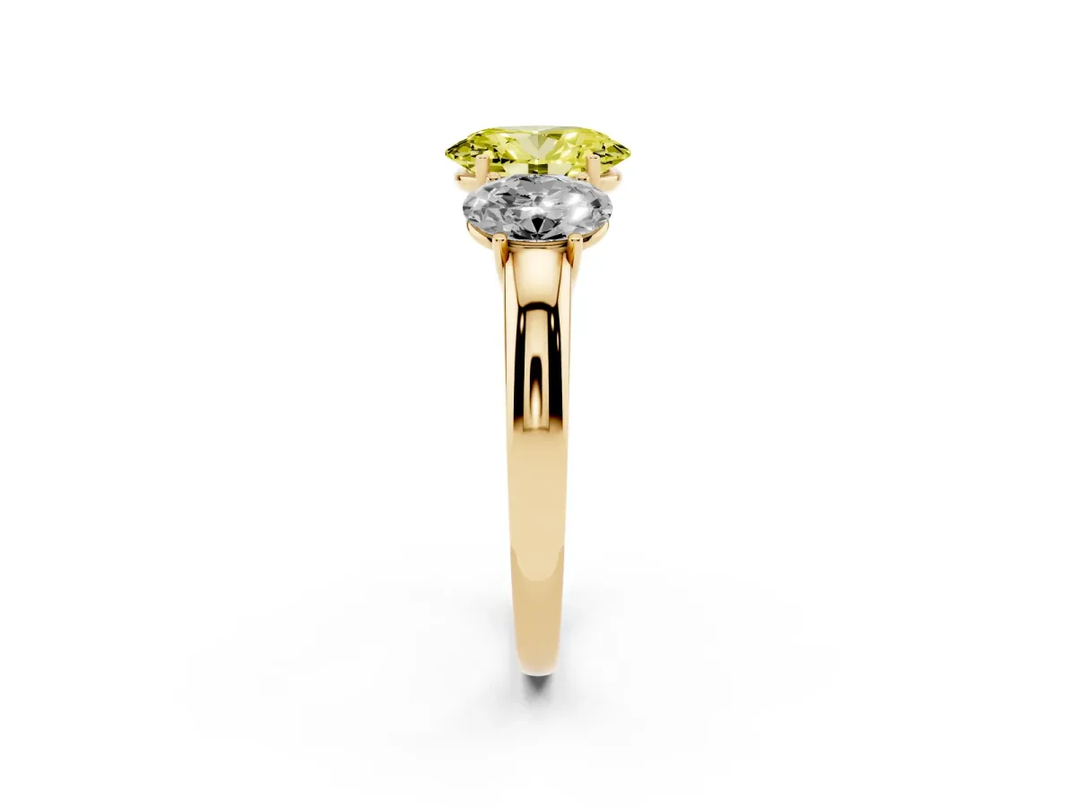 Fancy Yellow Oval Cut Diamond Three-Stone Ring with Four-Prong Setting and Classic Band Yellow gold
