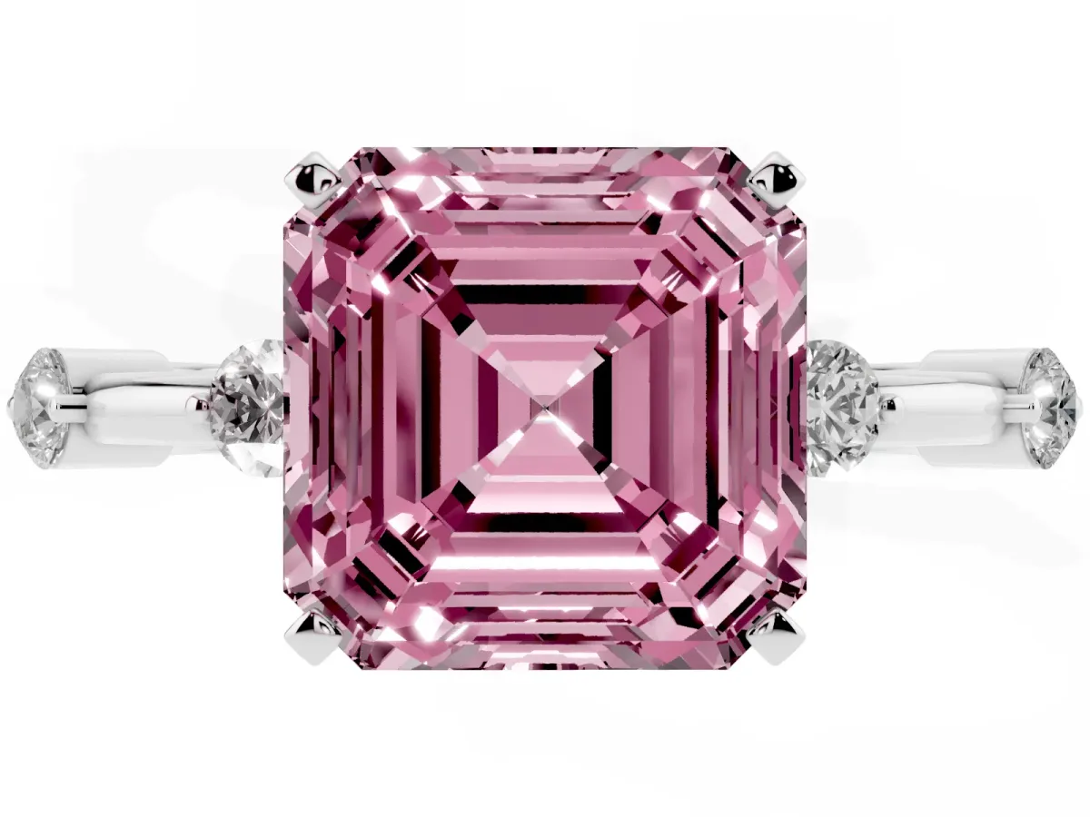 Fancy Pink Asscher Cut Solitaire Diamond Ring with Bezel Set Side Stones and Prong Setting Silver