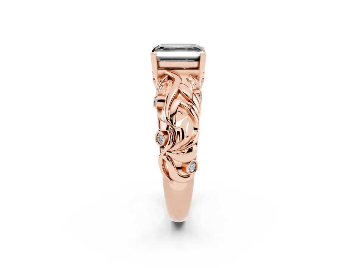 Fancy Black Asscher Cut Solitaire Diamond Leaf-Inspired Vine Band Ring with Prong Setting Rose gold