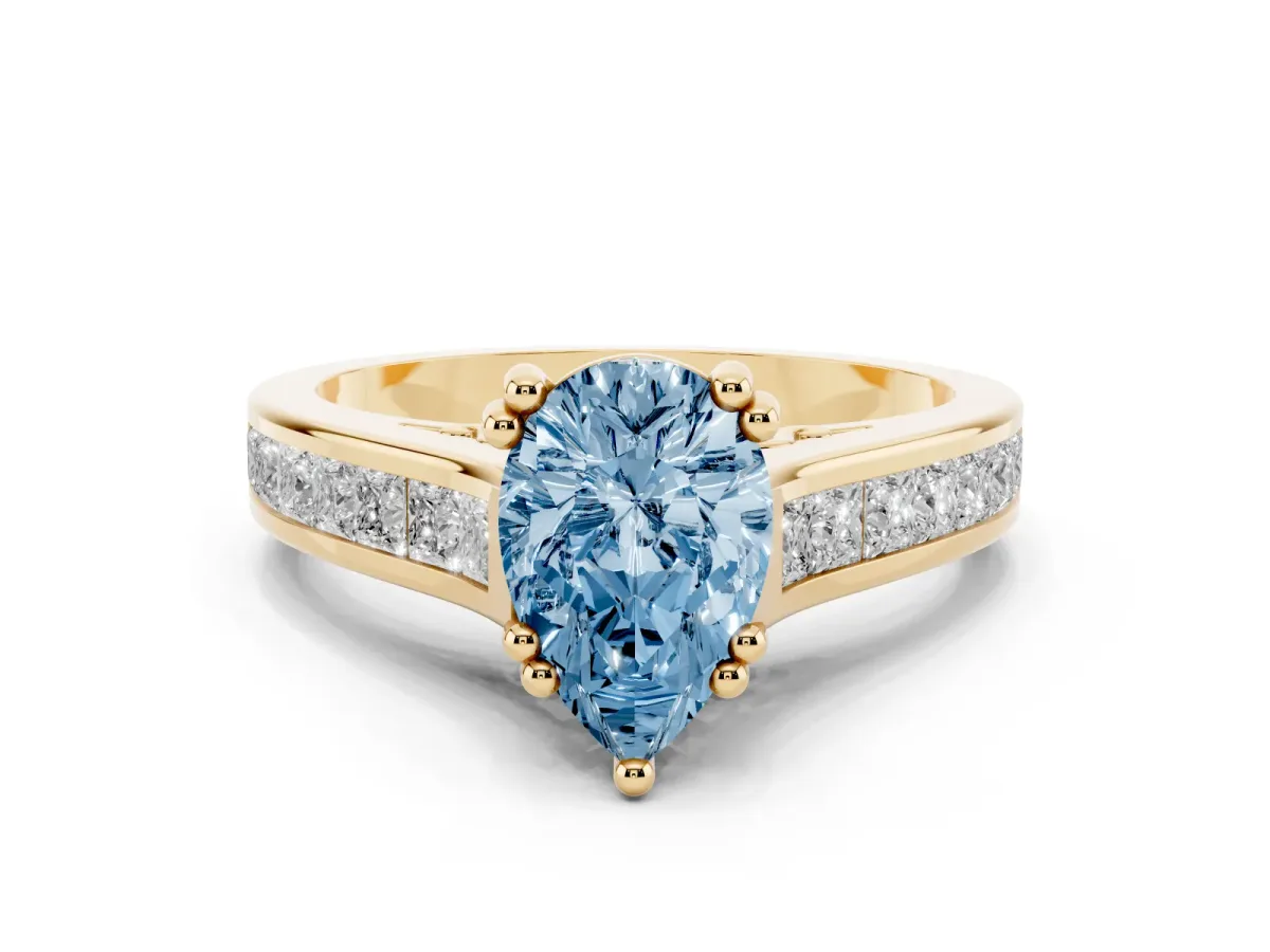 Fancy Blue Pear Cut Cut Channel Set Solitaire Engagement Ring with Prong Setting Yellow gold