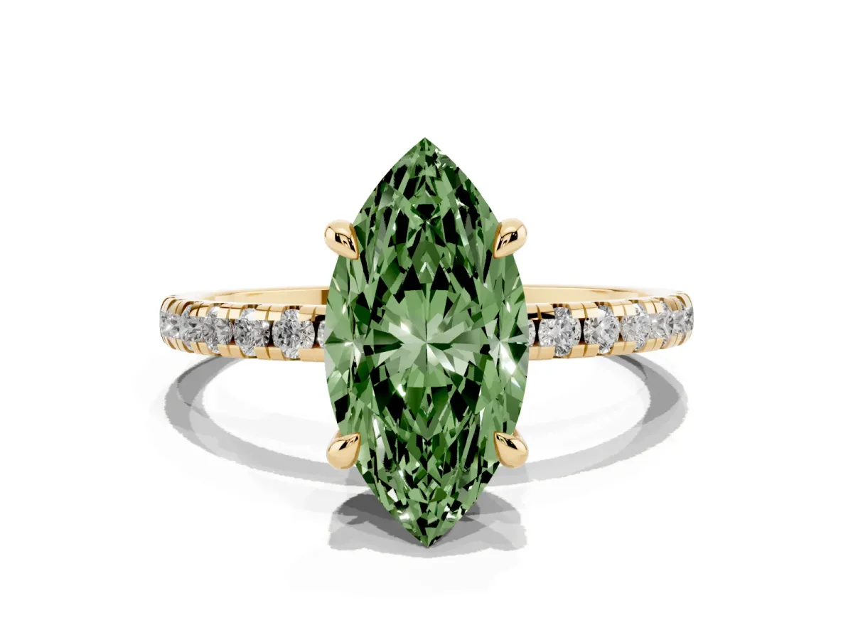 Fancy Green Marquise Cut Diamond Brilliant Solitaire Ring with Pavé Band and Four-Prong Setting Yellow gold