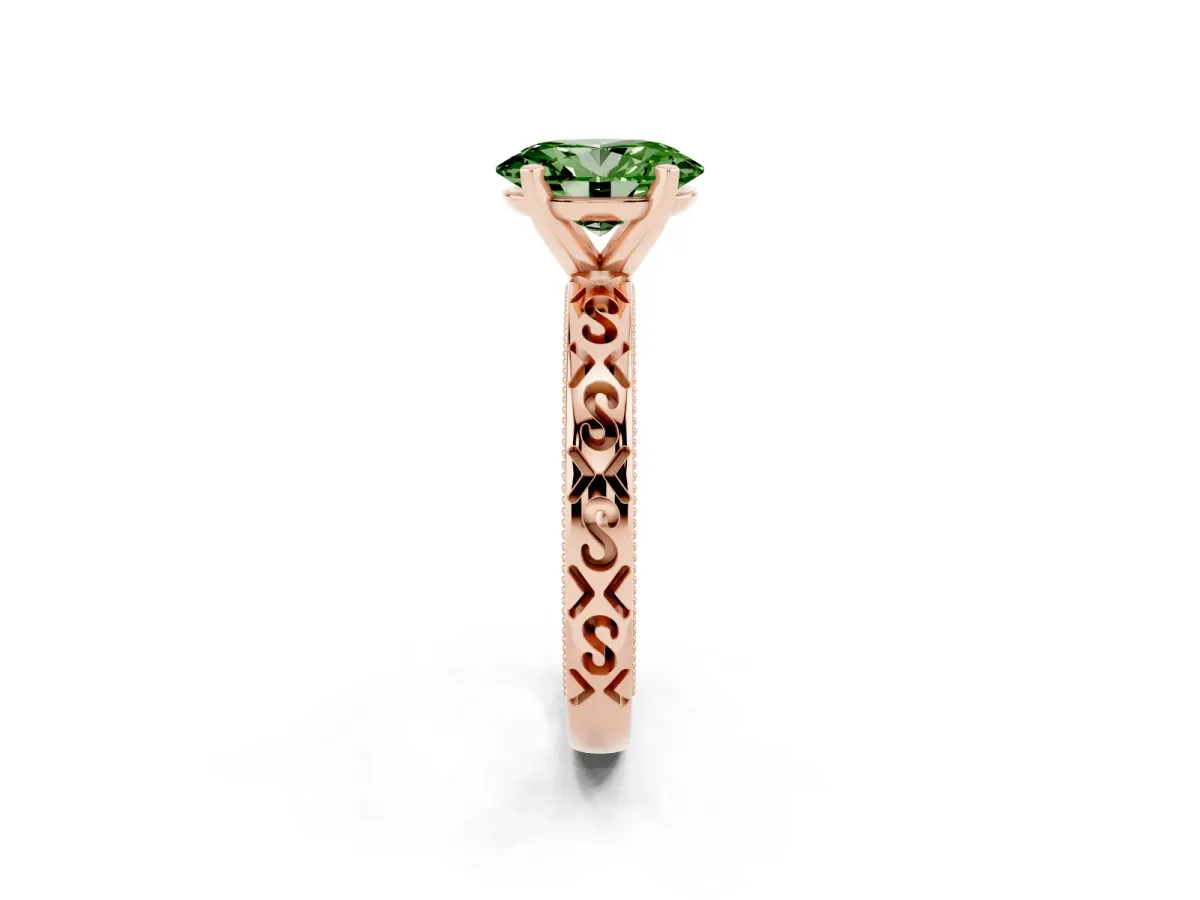 Fancy Green Oval Cut Solitaire Engagement Ring with Scrollwork Band and Four-Prong Setting Rose gold